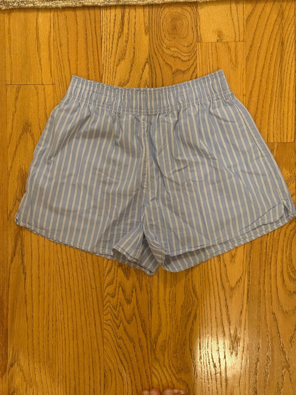 Women's Light Blue Striped Elastic Waist 100% Cotton Shorts